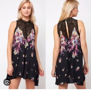 Free People Intamately Marsha Black Floral & Lace Mini Slip Dress Coquette Small